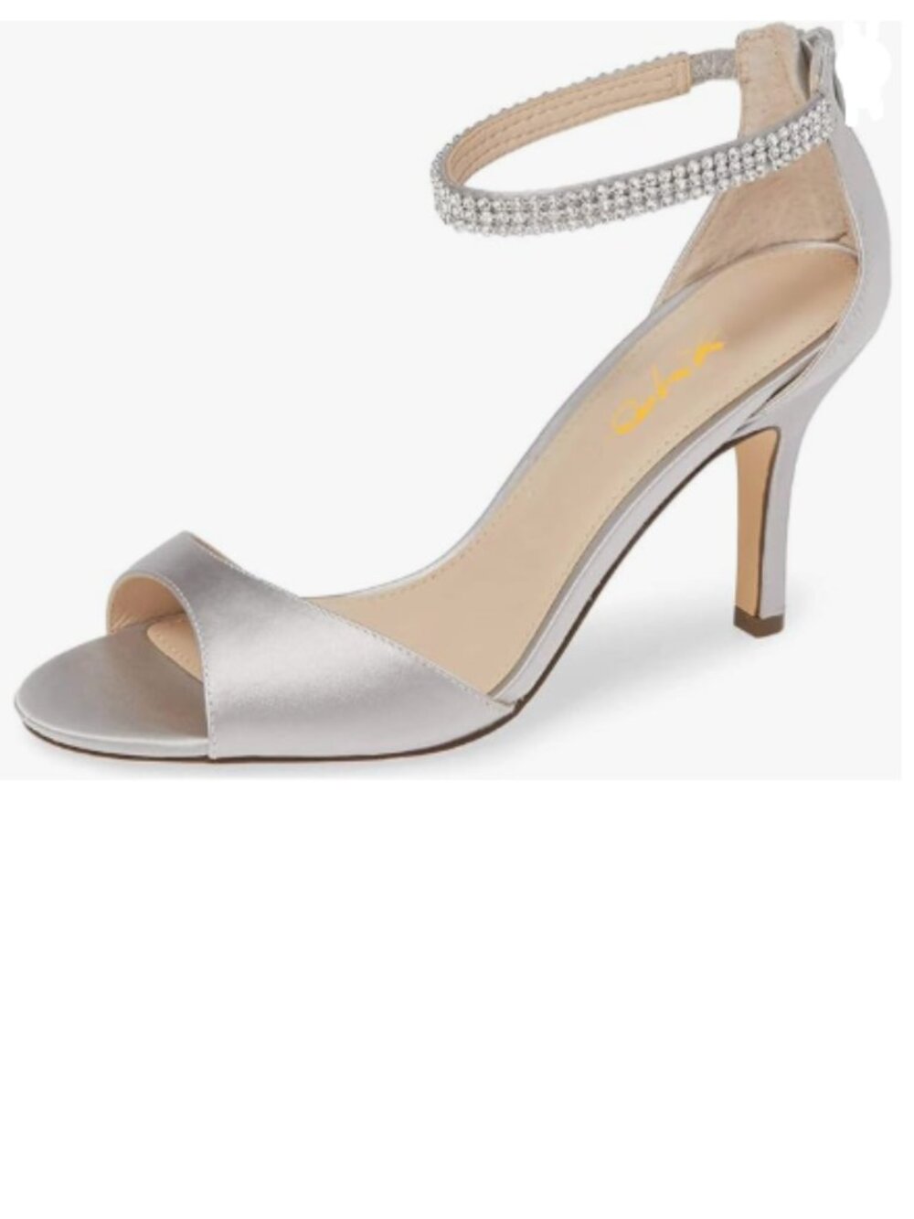 XYD Silver Grey Open Toe Rhinestones Ankle Strap Sandals Mid Heel Bridal Shoes
